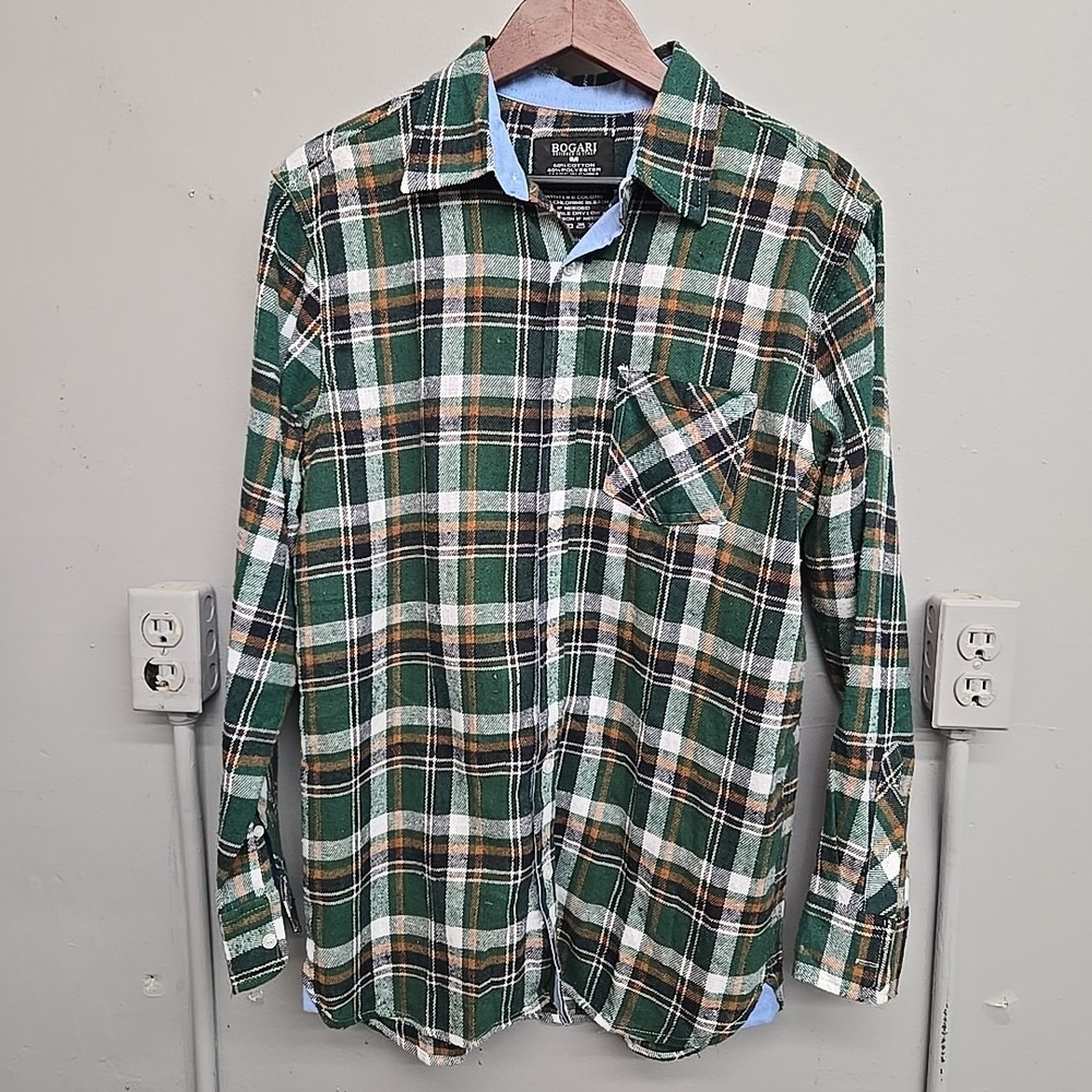 Bogabi Flannel Shirt Plaid Button Up Long‎ Sleeve Green Casual Size -